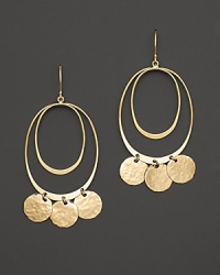 Hammered 14K. yellow gold discs dance and dangle from slim oval hoops.