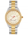 Shining example of pure fashion, by Betsey Johnson. This two-tone watch features crystal accents and eye-catching numerals at the dial.