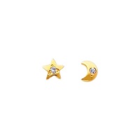 14K Yellow Gold very Small Moon and Star CZ Stud Earrings with Screw-back for Baby & Children