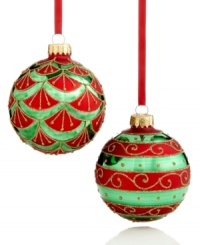 Elegant and traditional, these red ball ornaments are striped and draped in brilliant green and gold for a look of timeless cheer.