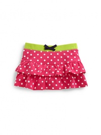 THE LOOKAllover dot printBright elastic waistband with contrast center bowTiered ruffle bodyAttached bloomers with elastic leg openingsTHE MATERIAL95% cotton/5% spandexCARE & ORIGINMachine washImported