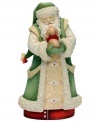 Every child's perfect Christmas present, Santa's ready to deliver a furry friend with a red bow around his neck in this precious figurine. Santa is dressed in a traditional robe and hat with crystal embellishments.