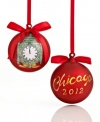 A time to cheer. Commit Christmas 2012 to memory with a glass ornament featuring the historic clock at Macy's State Street store. Shown front and back.