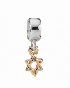 A tasteful PANDORA charm featuring a 14K gold Star of David suspended from a sterling silver ring.