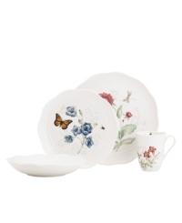 A taste of country living from Lenox. Made of elegant white porcelain, the Butterfly Meadow Basket place settings combine scalloped edges, textured detail and whimsical springtime motifs for unparalleled charm.