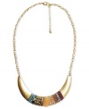 Stand out from the crowd. This statement necklace from Lydell showcases a curved plate embellished with multi-colored acrylic beads. Crafted in 10k gold plated mixed metal. Approximate length: 18 inches + 3-inch extender. Approximate drop: 3/4 inch.