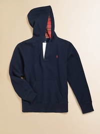 A classic fleece hoodie is updated with a plaid-lined hood for a pop of color.Attached hood with plaid liningLong sleevesButton-frontKangaroo pocket87% cotton/13% polyesterMachine washImported Please note: Number of buttons may vary depending on size ordered. 