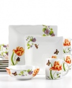 Enchanted garden. Vividly-hued butterflies flutter amidst a bevy of bright blooms on this delightful dinnerware set from 222 Fifth, lending a carefree charm to any table.