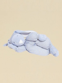 Soft velboa with pastel stripe jersey knit union suit body is perfect for snuggling. Matching stocking cap Embroidered eyes Long fuzzy soft ears Polyester fill 22 L Machine wash Imported Recommended for infants and up