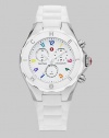 A crisp clean white dial is dotted with colorful hour markers for a distinctive timepiece.Swiss quartz movement Water resistant to 5 ATM Logo bezel Round stainless steel case, 40mm, (1.49) K1 mineral crystal White chronograph dial Numeral hour markers Second hand Silicone strap Imported 