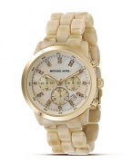 MICHAEL Michael Kors' of the moment chronograph watch has a mother-of-pearl dial with stone indices. The dial features a date window, logo and numeral indices and sweep second hand. Champagne faux-horn band.