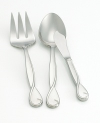 The romantic ribbon motif of the Belle Boulevard collection from kate spade flows seamlessly into this flatware. A gracefully twisted handle design in quality 18/10 stainless steel adds refined luster to both formal and casual tables. Includes a cold meat fork, serving spoon and butter knife.