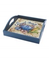 Fresh catch. See your food in a nautical setting with the vivid illustration and wooden pier motif of this Seafood Market serving tray. A tiled interior adds to its rustic charm. From Certified International serveware.