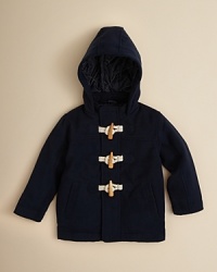 Keep him warm and bundled up in this classic hooded toggle jacket with quilted lining.