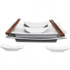 A sushi ready place setting for 2! Set includes 2 of each item: plates, pairs of chopsticks, chopstick stand and dipping tray. Dishwasher and microwave safe.