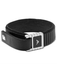 Buckle up. Emporio Armani's box clasp bracelet is crafted in black leather with an adjustable, belt-inspired closure. Features a striking polished steel accent. Approximate length: 7-1/4 inches.