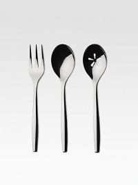 Handsome and elegant, this set of serving pieces make a dashing companion to almost any dinnerware. Set includes a serving spoon, slotted serving spoon and serving fork. 3 total pieces 18/10 stainless steel Machine wash Imported 