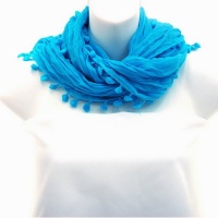 Long Sheer Fabric Scarf With Mini Ball Tassel Fringe Aqua Blue