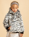 Faux is fabulous in this fluffy, exotic tiger-striped design with a cozy hood to blast away those winter chills.Attached hoodHidden snap front closeAngled front pocketsLong sleeeves with ribbed knit cuffsFully linedAcrylic/polyester/modacrylicDry cleanImported