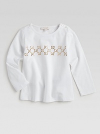 Crafted in stretchy cotton, this long-sleeved pullover features a gold studded GG pattern.CrewneckLong sleevesShoulder buttonsCotton/ElastaneDry cleanImported