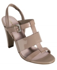 A patent leather strip across the vamp of Cole Haan's Air Lainey high heel sandals adds shine to this classic style.