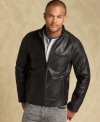 This buffalo leather racer jacket from Tommy Hilfiger hits at the hip and will become a timeless classic in your closet.