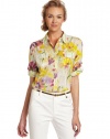 Calvin Klein Women's Printed Button Up Roll Sleeve Shirt, Tulip Multi, X-Small