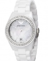 Emporio Armani Ladies White Ceramic Watch with White Dial and Stone Set Bezel