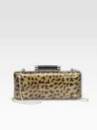 Ultra-glossy patent leather with a chic, muted leopard print; the perfect addition to your night.Detachable chain shoulder strap, 20½ dropTop clasp closureOne inside open pocketFully lined8W X 3H X 1¾DImported