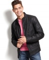 Add the finishing touch with this rough yet sexy looking fitted slim faux leather jacket by Guess Jeans.