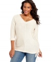 Showcase your sparkle with DKNY Jeans' three-quarter sleeve plus size sweater, featuring a sequined finish. (Clearance)