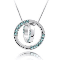 Contessa Bella Fancy Genuine 18k White Gold Plated Sparkling Aqua Blue Swarovski Austrian Crystal Elements Beautiful Double Circle of Life Love Women Charm Pendant Necklace Elegant Silver Color Crystal Fashion Jewelry