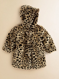 Allover leopard print and frilly pom pom details adorn this plush faux fur construction.HoodedFront button closureFully linedAcrylic/polyesterMachine washImported