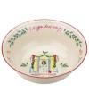 A holly motif drawn from the classic Holiday dinnerware pattern combined with colorful new depictions of the Christmas season makes this large Holiday Illustrations bowl a festive addition to any table. Adorned with fill your home with joy.