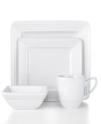 Keep it clean. The bright Dekko white place settings put the focus on your culinary creations with Laurie Gates' collection of white dinnerware. The dishes have modern shapes that look extra sharp with defined edges and a glossy finish.