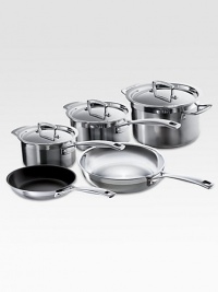 This essential collection of Le Creuset stainless steel is perfect for newlyweds or a new kitchen. Tri-ply construction with full aluminum cores provide even, all-around heat distribution while eliminating hot-spots and scorching. The set includes a nonstick omelet pan, fry pan, two saucepans with lids and a stockpot with lid.