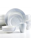 A cool blue, geometric pattern adorns this floral-inspired Zinnia dinnerware set from 222 Fifth. Durable, dishwasher-safe porcelain makes this set perfect for three meals a day and entertaining guests, too.