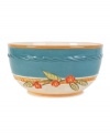 Rope accents and a band of cool blue make this soup bowl stand out amid the vibrant patterns of Carissa Paisley dinnerware from Fitz and Floyd.