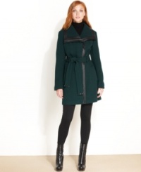 Calvin Klein redefines minimalist chic with this elegant belted coat. The faux-leather trim adds appealing edge.