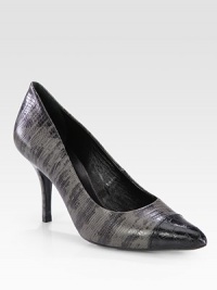 Bicolor pump of lizard-print leather, with a crocodile-embossed cap toe for some exotic edge. Lizard-print leather heel, 3¾ (95mm)Lizard-print leather upper with crocodile-print leather cap toePoint toeLeather lining and solePadded insoleImported