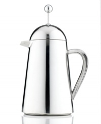 The double walled stainless steel body and lid of this coffee press trap in the rich flavor and intoxicating aromas of your favorite brew, keeping your beverage hotter 3 times longer than your conventional press.  Add an attractive accent to any space with the polished appeal of this press. Lifetime warranty.