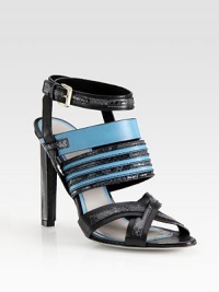 Secured by an adjustable ankle strap, smooth leather and lustrous snake-embossed leather intertwine in this strappy, sultry style. Self-covered heel, 4 (100mm)Leather and snake-embossed leather upperLeather lining and solePadded insoleMade in Italy