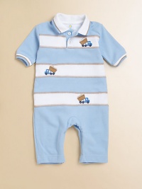 A dapper one-piece for baby in ultra-soft cotton with contrasting stripes and embroidered dumptrucks.Shirt collarShort sleevesButton frontBottom snapsCottonMachine washImported Please note: Number of buttons and snaps may vary depending on size ordered. 