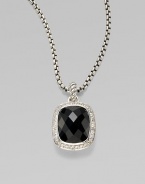 From the Noblesse Collection. A handsome faceted black onyx is edged in pavé diamonds and hangs on a sterling silver cable chain. Black onyx Diamonds, 0.3 tcw Sterling silver Chain length adjusts from about 16 to 17 Pendant width, about ½ Lobster clasp Made in USA