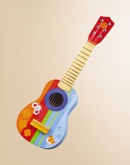 A wonderful child's guitar is brightly painted and the perfect size for small fingers. An easy, fun way to develop a child's hand-eye coordination and nurture an interest in music and the arts. Brass frets, metal machine heads Recommended for ages three and up 1½ pounds 7W X 21H X 2½D Imported