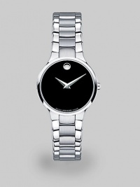 Serio bracelet watch in solid stainless steel with black Museum dial. Swiss quartz movementWater resistant to 3 ATMRound stainless steel case, 26mm (1) Smooth bezelBlack dialStainless steel braceletMade in Switzerland 