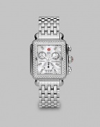 From the Deco Collection. A brilliant diamond accented design with a beautiful mother-of-pearl dial on a stainless steel bracelet. Swiss quartz movementWater resistant to 5 ATMRectangular stainless steel case, 33mm (1.3) X 35mm (1.4)Diamond accented bezel and markers, .66 tcwMother-of-pearl chronograph dialDate display at 6 o'clockSecond hand Stainless steel link bracelet, 18mm (.7)Imported