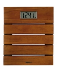 A scale that doesn't weigh your bathroom down-Thinner's digital scale is made from solid, plantation-grown teak, adding an elegant and charming accent to your bathroom that is naturally water- and fungi-resistant. 10-year warranty. Model TH326.