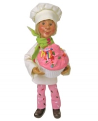 A sweet gift for the holidays that'll enhance the kitchen year-round, the Sweetie figurine is handcrafted by Byers' Choice with pink sprinkle pants and a coordinating cupcake.