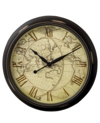 A face with distressed map detail gives this round clock a whimsical air. Richly framed in resin, with classic Roman numerals.